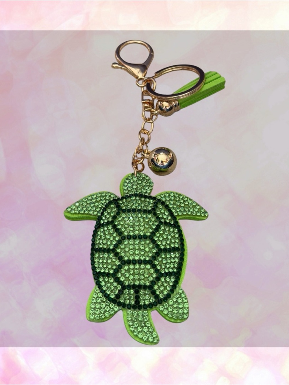 🦄 Rhinestone Green Sea Turtle Puffy Tassel Keychain Bag Charm